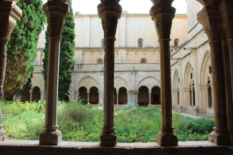 Columnas Claustro Monasterio de Poblet con niños 
